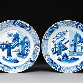 Two Chinese blue and white 'Xi Xiang Ji' plates, Chenghua mark, Kangxi