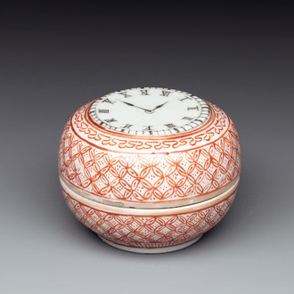 A rare Chinese grisaille and iron-red ‘pocketwatch’ box and cover, Jiaqing