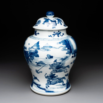 A Chinese blue and white 'Mongolian hunt' vase and cover, Kangxi