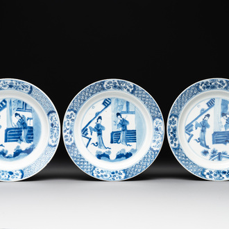 Three Chinese blue and white 'Long Eliza' plates, Chenghua mark, Kangxi