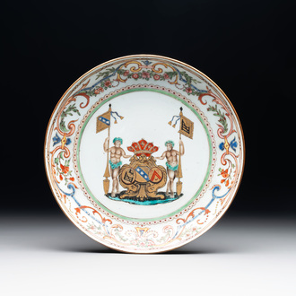 A Chinese famille rose armorial plate with the arms of Goos de Ghyseghem, Vecquemans and Golbeau for the Belgian market, Yongzheng, ca. 1730