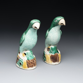 A pair of Chinese sancai-glazed parrots, Kangxi