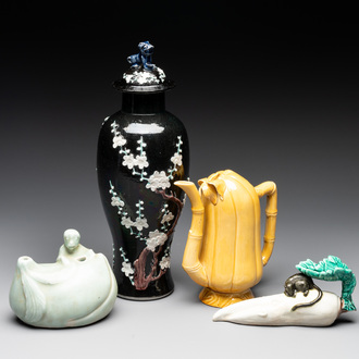 A Chinese celadon-glazed water dropper, a yellow-glazed ewer, a famille noire covered vase and a miniature model, 19th C.