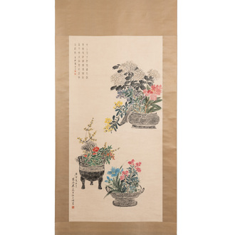 Luo Zhenyu 羅振玉 (1866-1940): 'Ritual vessels and flowers', ink and colour on paper, dated 1890