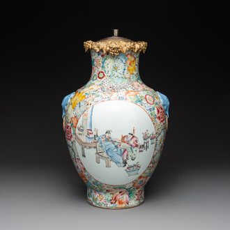 A Chinese famille rose 'millefleurs' vase mounted as lamp, Qianlong mark, Republic