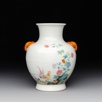 A Chinese famille rose 'rooster and flowers' 'hu' vase, Hua Ren Tang 懷仁堂 mark, Republic