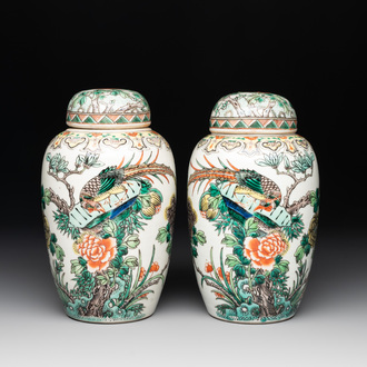 A pair of Chinese famille verte 'pheasant among flowering branches' vases and covers, 19th C.