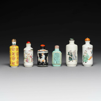 Six Chinese famille verte and rose snuff bottles, shou mark, 19/20th C.