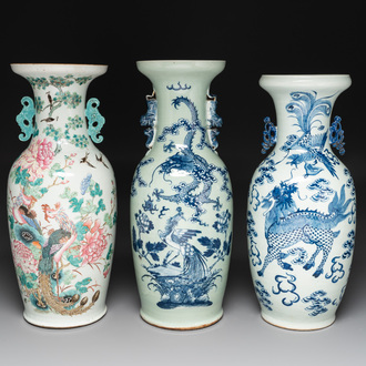 A fine Chinese famille rose 'phoenix' vase and two blue and white celadon-ground vases, 19th C.