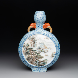 A Chinese famille rose 'landscape' 'hu' vase, signed Guiying 桂英, Jingdezhen mark, 20th C.