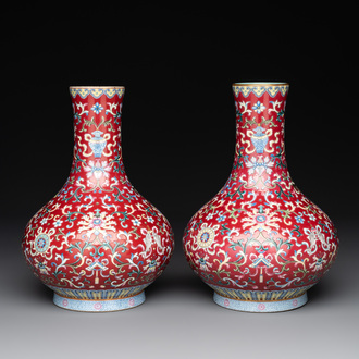 A pair of Chinese famille rose 'bajixiang' vases, Qianlong mark, Republic