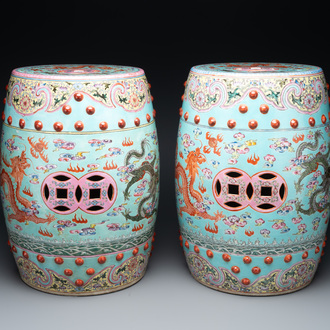 A pair of Chinese famille rose turquoise-ground 'dragon' garden seats, Republic