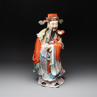 A large Chinese famille rose figure of the star god Lu, Wu Yongmao 吴永茂 seal mark, Republic