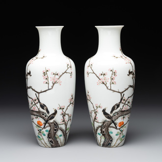 A pair of Chinese famille rose 'birds among flowering branches' vases, Ju Ren Tang 居仁堂製 mark, Republic