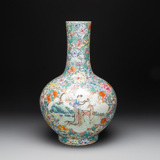 A fine Chinese famille rose 'millefleurs' bottle vase with immortals, Kangxi mark, Republic