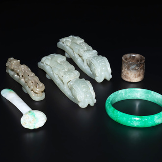 Three Chinese jade belt hooks, a hairpin, a bangle and an archer's ring, 19/20th C.