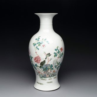 A Chinese famille rose 'birds among flowering branches' vase, Qianlong mark, 19th C.