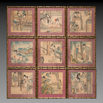 Chinese School: Nine 'erotic' paintings, ink and colour on silk, 19th C.