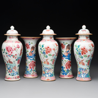 A Chinese famille rose 'birds' garniture with five vases, Qianlong