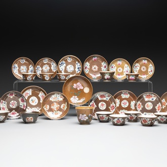 29 Chinese famille rose capucin-brown-ground tea wares, Yongzheng/Qianlong