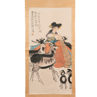 Cheng Shifa 程十发 (1921-2007): 'Shepherdess surrounded by three goats', ink and colour on paper, dated 1978