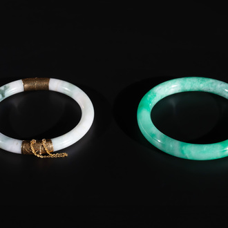 Two Chinese jadeite bracelets, one with 14K gold mounts, 19/20th C.