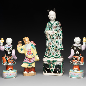 A Chinese verte biscuit figure and three famille rose figures, 18/19th C.