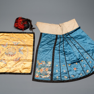 A Chinese mandarin official's court hat, an embroidered silk 'phoenix' panel and a skirt, 19th C.