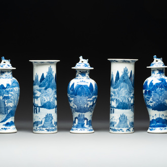 A Chinese blue and white garniture of five vases with river landscapes, 19th C.