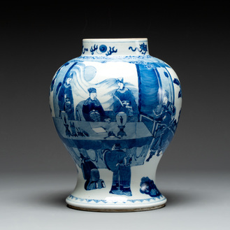 A Chinese blue and white vase with narrative design, 19th C.