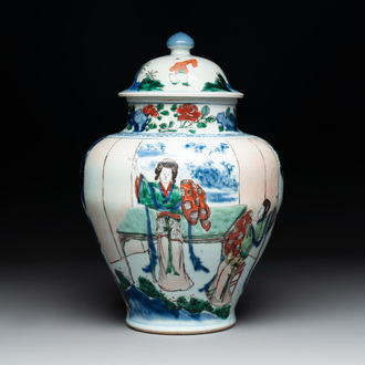 A Chinese wucai vase and cover with court ladies and playing boys, Transitional period