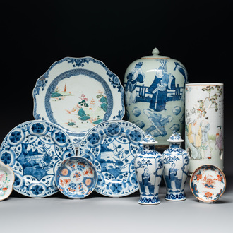 A collection of ten Chinese blue, white, famille rose and qianjiang cai wares, signed Yongzhen Shi 永真氏, 18/19th C.