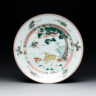 A Chinese famille verte 'He Lu Tong Chun 鶴鹿同春' dish, Kangxi/Yongzheng