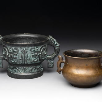 A Chinese bronze censer with Xuande mark and an archaistic vessel, 18/19th C.