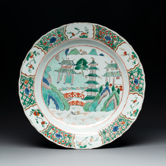 A Chinese famille verte 'river landscape' dish, lozenge mark, Kangxi