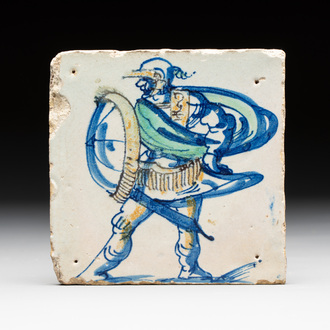 A polychrome Dutch Delft 'Roman soldier' tile, ca. 1600