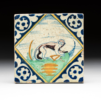 A polychrome Dutch Delft maiolica 'monkey' tile, late 16th C.