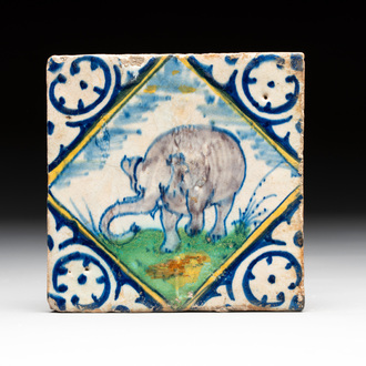 A polychrome Dutch Delft maiolica 'elephant' tile, late 16th C.