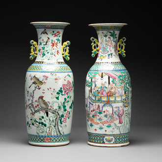 Two Chinese famille rose vases with birds among flowers and narrative design, 19th C.