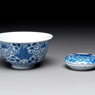 A Chinese blue and white bowl and a covered ink paste box, Guangxu and Jiangxi Ciye Gongsi mark, 19/20th C.