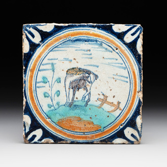 A polychrome Dutch Delft maiolica 'medallion' 'horse' tile, late 16th C.