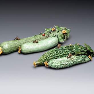 Two Chinese polychrome groups of cucumbers and bitter melons with insects, 19/20th C.