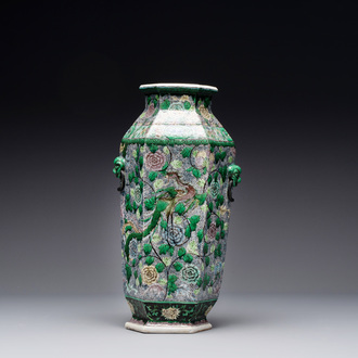 A Chinese verte biscuit hexagonal 'phoenix and flower scroll' vase, 19th C.