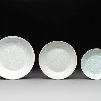 Three Chinese moulded qingbai plates, Song