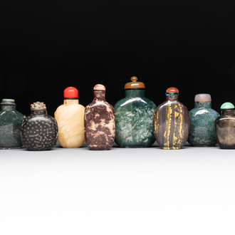 A collection of eight Chinese precious stone snuff bottles, 19/20th C.