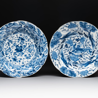 A Chinese blue and white lobed 'flower' plate and a 'phoenix and monkeys' plate, Kangxi