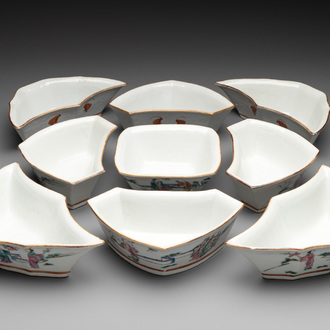 A Chinese famille rose nine-piece sweetmeat or rice table set, Tongzhi mark, 19th C.