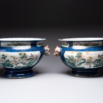 A pair of large Chinese famille verte powder-blue-ground 'landscape' jardinières, 19th C.