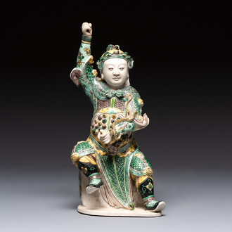 A fine Chinese verte biscuit sculpture of a warrior, 19th C.