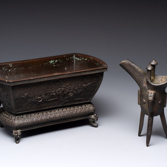 A Chinese bronze ritual wine vessel and a Japanese jardinière, 17/19th C.